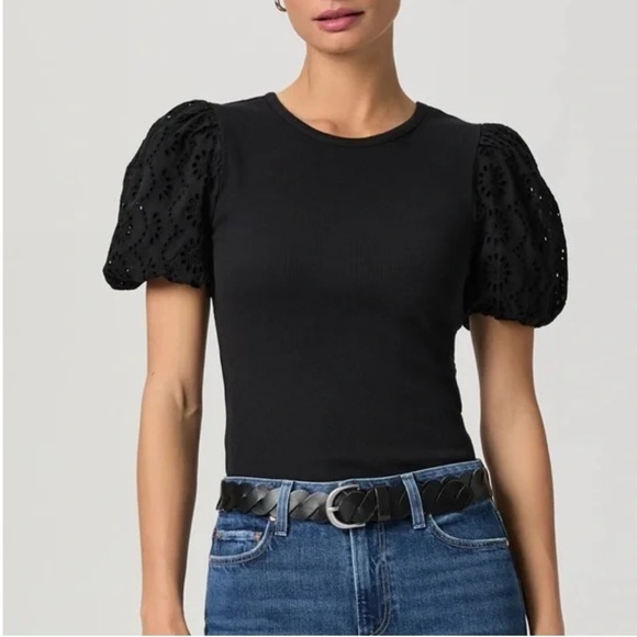 PAIGE Tops - Paige NWT Marina Puff Sleeve Ribbed Top in Black Size Large